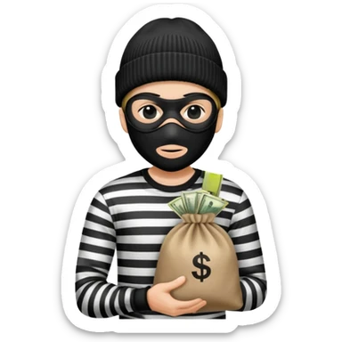 burglar with black and white striped shirt, black beanie, black mask over eyes, holding a moneybag sticker