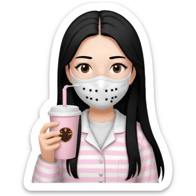 chica de pelo lacio color negro cabellera larga piyama blanca con rayas rosa claras peo no tan claras no oscuras el bordado es negro al igual que los botones )tiene una mascarilla para la carablanca y sostiene y cafe con bolitas nedras al dondo con unsorbete tranparente y es de test blanca  sticker