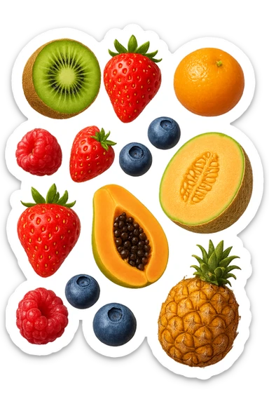 emoji stile iphone 3d di kiwi, fragole, lamponi, mirtilli, ananas, mandarini, papaya, melone cantalupo
 che fluttuano in aria, iperealistico 4k sticker