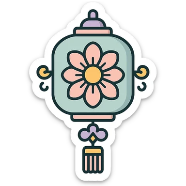 elegant Chinese lantern with large flower and decorative elements, detailed shadow, thin clean outlines, soft rounded shapes, pastel palette #98B5BC, #B5B3C1, #C9A3C9, #E4C0CA, #F7DCD1, #F7C0AA, modern Japanese pop-art and sticker aesthetic, high detail, vector clarity, soft lighting, transparent background sticker