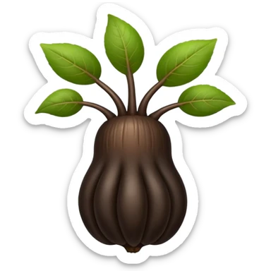 A black ginseng root (heuksam), in Apple iPhone emoji style. Dark brown-black glossy color, subtle texture on the root, elegant curves, vibrant but natural tones, smooth gradients, clean simple shapes, no outlines, slight 3D depth.
 sticker
