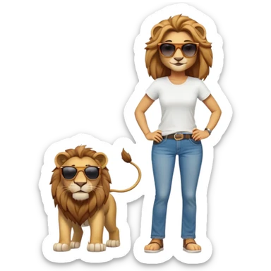 friendly anthropomorphised female lion character, full body, standing confidently with legs shoulder width apart and hands on hips, wearing jeans, a white t-shirt, and dark sunglasses, with a confident smile sticker