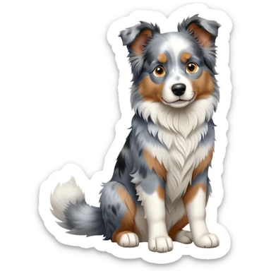 cinematic-[australian shepherd dog]-realistic-full-body-sitting-emoji,-tail-resting-loosely-beside-its-paws,-head-tilted-dramatically,-scruffy-[blue merle]-fur,-simplified-yet-realistic-focused-features,-highly-detailed,-glowing-with-an-almost-sarcastic-glow sticker