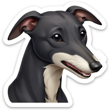 Cinematic Cute Yawning Black Greyhound Portrait Emoji, Head tilted slightly with a dramatic, wide-open yawn, showcasing a sleek black Fur with a polished finish, floppy ears slightly drooping, round dark eyes barely open in drowsy contentment, Simplified yet irresistibly adorable features, highly detailed, glowing with a soft, cozy glow, high shine, relaxed yet expressive, stylized with a touch of whimsy, bright and endearing, soft glowing outline, capturing the essence of a sleepy yet affectionate racer, so drowsy it feels like it could stretch out of the screen and curl up for a nap! sticker