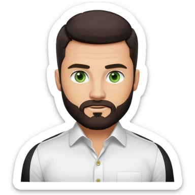 Man with a short full beard, Styled hair, Best looking man in the planet, onepiece style dark hair, green eyes, more realistic style more maskulin. Wearing a white formal shirt, first buttons open macho style, muscular

 sticker