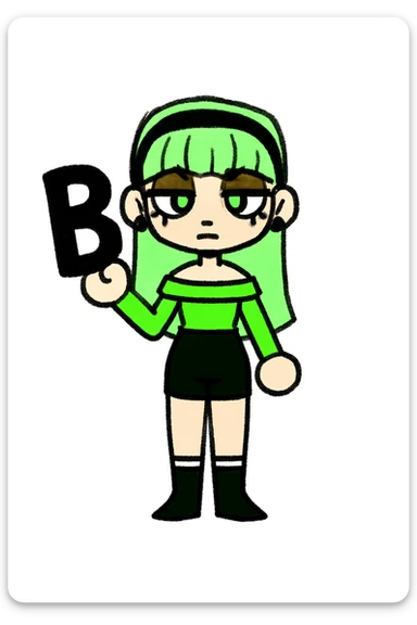 Add a bold black letter B in the character's right hand, keeping the original style and pose intact. Only add the letter, do not change anything else. sticker