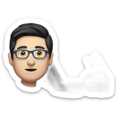 Middle age lean white man with black hair & glasses wearing a blue Tesla T-shirt poping from left front window of a left drive Black Tesla Model 3 sticker