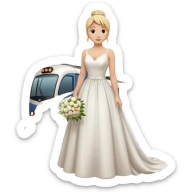 Chica blanca, cabello rubio, recogido en moño alto con mechones, vestido novia , cuerpo entero, ramo de flores en una mano, cola trasera sticker