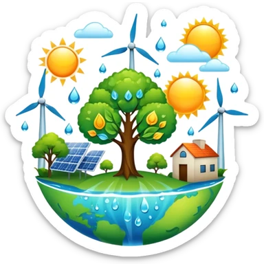 An icon featuring a green Earth, a tree, recycling symbols, and renewable energy sources like wind turbines, solar panels, and hydropower. The design includes animals, water droplets, and the sun, representing ecology, sustainable energy, and environmental protection. Transparent background. sticker