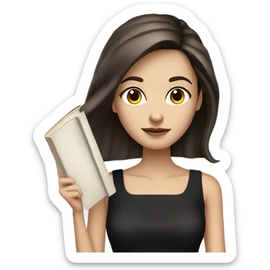 Beautiful skinny white woman long dark brown hair in dark dress with book sticker