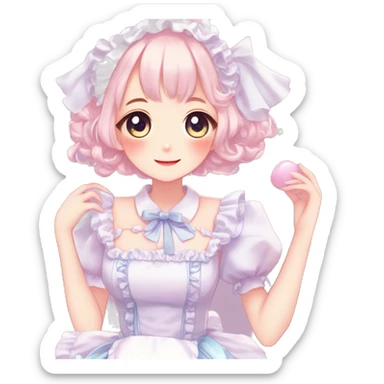 Gorgeous anime style girl blushing face maid outfit Lolita idol model colorful shiny sparkle kawaii pastelcore cottagecore pearly petite simplistic aesthetic trending style sticker