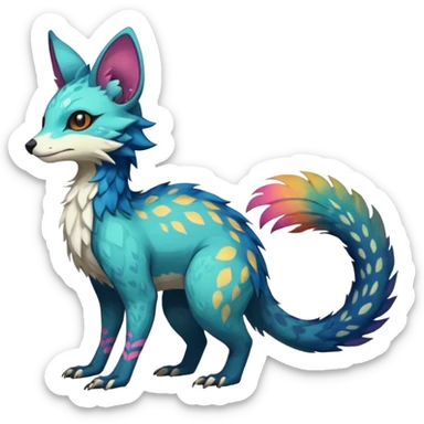 Beautiful pretty cool edgy elegant realistic Feral Rare Fantasy colorful vibrant Vernid-Trico-species-Fakemon-creature by LiLaiRa, random markings, tufted tail, tufted ears, full body sticker