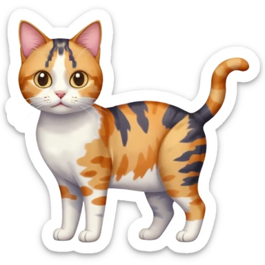 full body anxious looking colourful patchy calico tabby cat with tiny head to large body with fully white front legs sticker