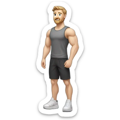 Full height Pale skinned fit man With biceps, Realistic eyes and mouth, light brown hair and stubble In dark gray sleeveless mike, black oversize sports shorts, watch and white sneakers. sticker