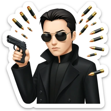 Neo from The Matrix in long black coat, sunglasses, and stopping bullets sticker