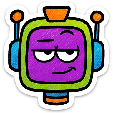 Create a sarcastic-looking robot with the same color scheme: purple face, green frame, orange and blue accents, expressive sarcastic face, but with a different sarcastic expression such as rolling eyes, raised eyebrow, or smirk. Keep the style playful and bold in vibrant pop colors style. sticker