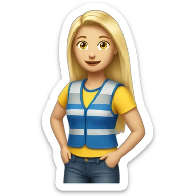 Ikea coworker blond woman blue t-shirt stripe and yellow vest sticker