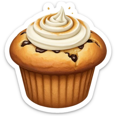 A tube squirting cream into a hole in a muffin sticker