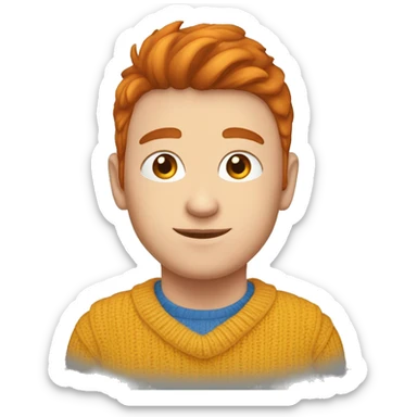 Un jeune homme roux habillée avec un pull bleu et un col blanc sticker