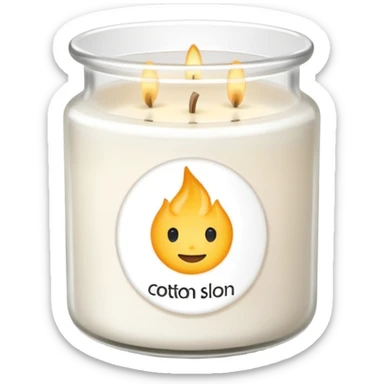 minimal flat emoji of a white scented candle in a glossy white glass jar with the label “cotton”, soft warm glow, clean vector style, elegant and modern, transparent background lux style sticker