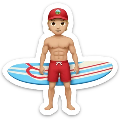 Dark, muscular surfer wearing red shorts and a baseball cap Hawaii sticker