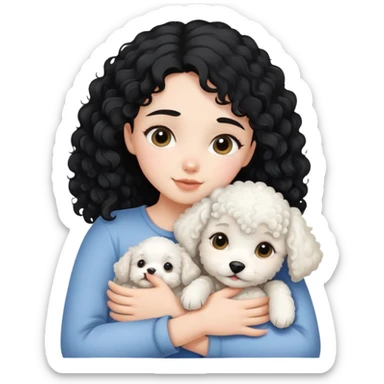A black-haired girl hugs a white curly-haired puppy sticker