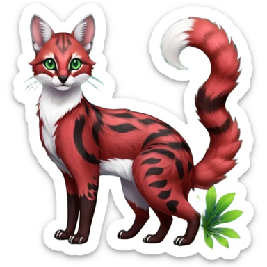 Colorful dark tropical sanguine-red, black, white fur, with green eyes, iridescent glorious divine exotic cute cool beautiful shiny beautiful floral fantasy-caracal-civet-genet-sergal-vernid-Cacomistle-oncilla-animal-Fakémon-hybrid-fursona with pattern markings (full body) sticker