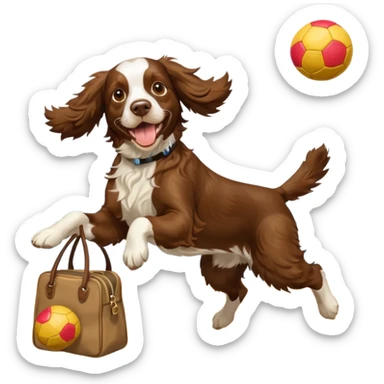 brown English springer spaniel jumping for joy on a Northumberland beach with a bag of balls sticker