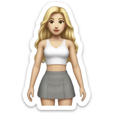hyperrealistic caucasian female, long straight blonde hair, white-lace-up-crop-top, grey mini skirt, body view sticker