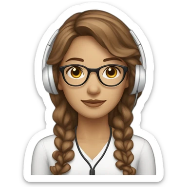 Support analyst woman white, brown curled long hair, brown eyes, Brazilian, white glasses, with a computer and a headset sticker