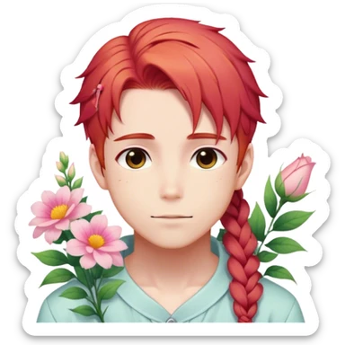 Gorgeous pastel red hair with a thin braid on the side anime style shojo guy with blushing face and flowers aesthetic trending style outside sticker