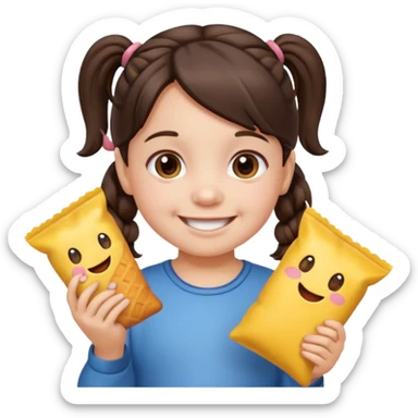 Toddler emoji with two pigtails dark brown hair, fair skin, holding snacks sticker