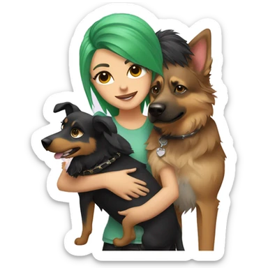 punk girl with green hair hugging a german shepard dog and an australian shepard dog sticker