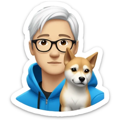 A young guy with long white hair pulled back into a ponytail and white skin and black-framed glasses and nose piercing wearing blue hoodie and a Shiba Inu dog next to him sticker