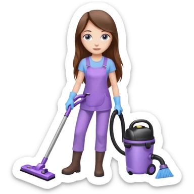 beautiful girl with long brown hair, blue eyes and wearing light purple clothes, cleaning and vacuuming sticker
