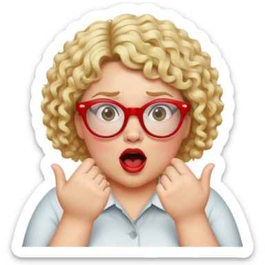 Blonde woman with short curly hair, slightly overweight, wearing red-framed glasses, shouting with hands on both sides of her mouth sticker