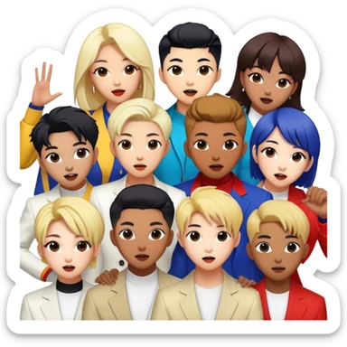 Cinematic Realistic BTS Portrait Emoji, depicted as a dynamic energetic portrayal of the global K-pop group with stylish modern attire and vibrant expressions, rendered with rich textures and bold contemporary lighting that captures their youthful charisma. sticker