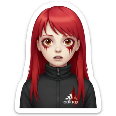 Crie um emoji de uma menina zumbi  com o cabelo vermelho longo com uma franja reta casaco de gola alta da adidas sticker