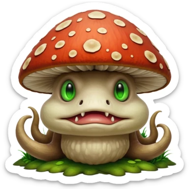 poisonous mushroom beast portrait, head and shoulders only, creature made mostly of mushroom flesh, thick mushroom cap head, layered fungal textures, toxic green spore glow, animal-like eyes, fantasy monster pet vibe, 3D cartoon, mobile game icon style, clean background, no text, no watermark

 sticker