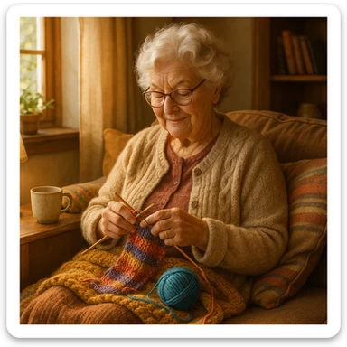 grandma with reading glasses, knitting, cozy setting sticker