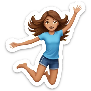 Girl with long brown hair happy jumping in the air with sunbeams in the background  sticker
