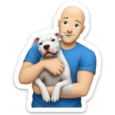 bald white man with blue eyes and blue tshirt Hugging large grey pit bull sticker