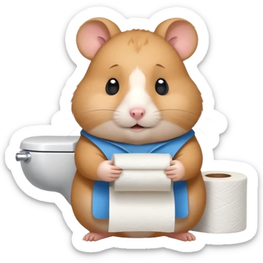 Cute chubby cartoon-style hamster holding toilet paper sitting on toilet looking as if he had an accident, sticker-style illustration sticker
