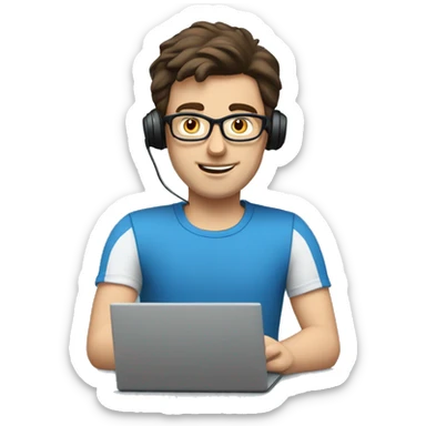 white guy with dark brown hair square glasses typing in laptop wearing blue t-shirt working in call center sticker