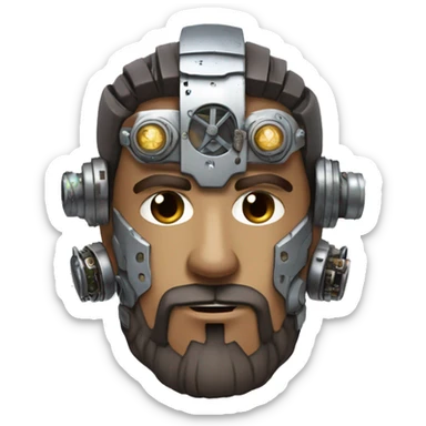 male cyborg head with brown short hair, brown beard, silver steampunk goggles and circuitry sticker