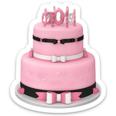 Pastel pink shaped birthday cake with black and white bows and flowers sticker