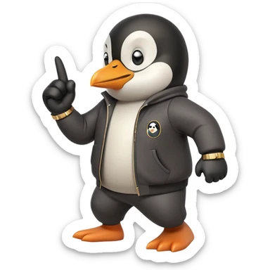 friendly anthropomorphised penguin wearing a mafia-style tracksuit, secretive scheming pose, soprano vibe, angry expression, running with a determined sprint, holding a knuckle duster sticker
