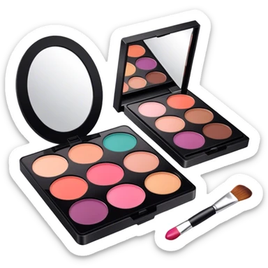 A photorealistic icon featuring makeup brushes, a lipstick being applied, an eyeshadow palette with colors in use and a compact mirror reflecting a half-done makeup look. The design captures the artistry and process of makeup with bright and realistic textures. Transparent background. sticker