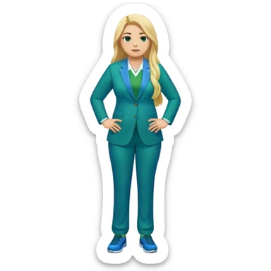 Full Body white plus size female basketball head coach with long blonde hair in a blue and green suit sticker