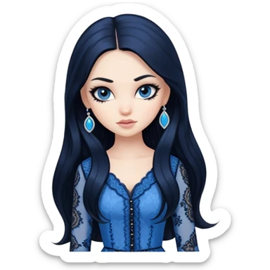 pretty, BLACK long hair, pale skin, eyeliner, blue lace clothes, bratz baddie sticker
